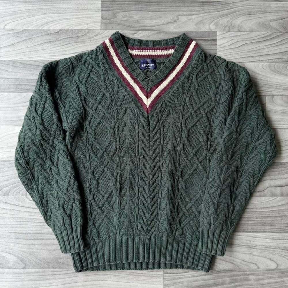 Regatta Sport Vintage Green Cable Knit V-Neck Sweater